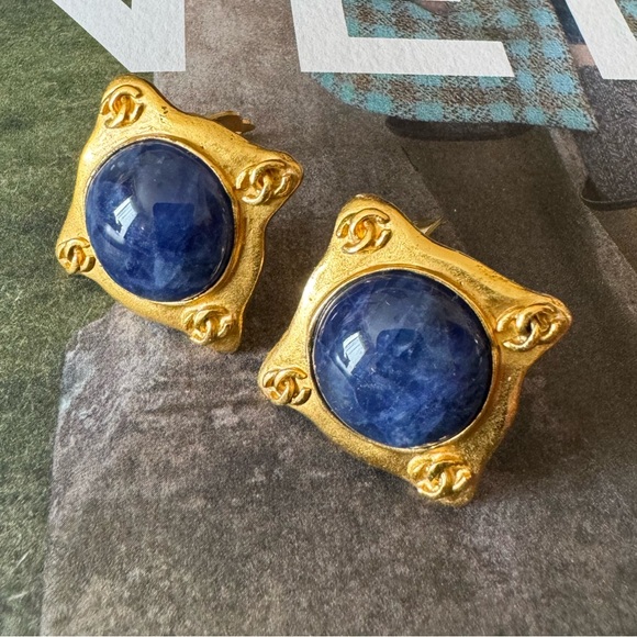 Chanel Vintage CC Gold Metal and Blue Stone Clip-On Earrings - Picture 1 of 10